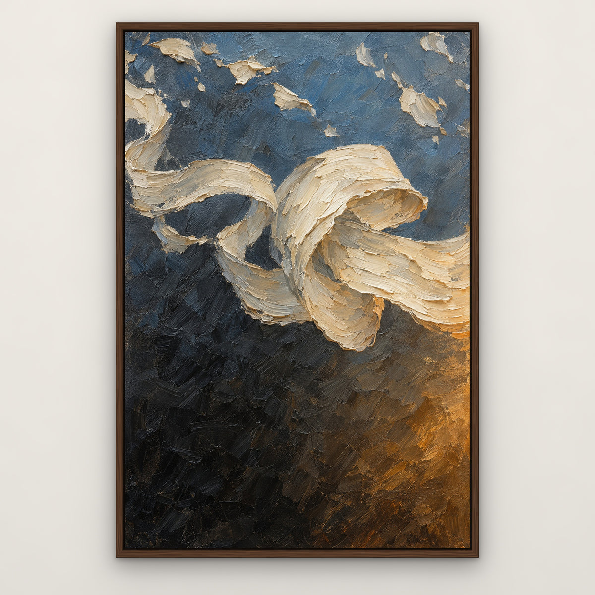 Cream Ribbon Fold, colourful abstract hand-painted canvas wall art in a slim walnut float frame – Gallery 23