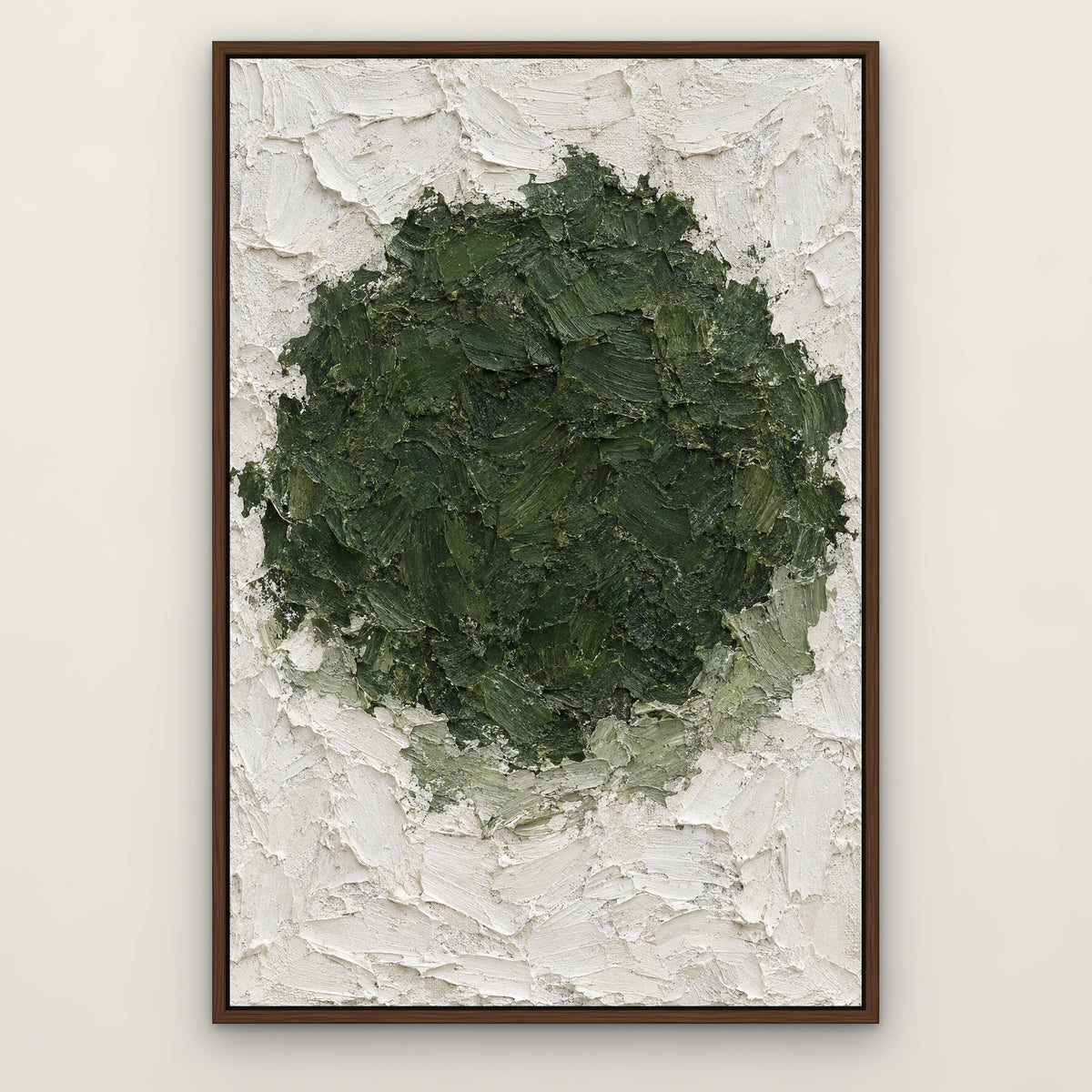 Moss and Plaster, green abstract hand-painted canvas wall art in a slim walnut float frame – Gallery 23