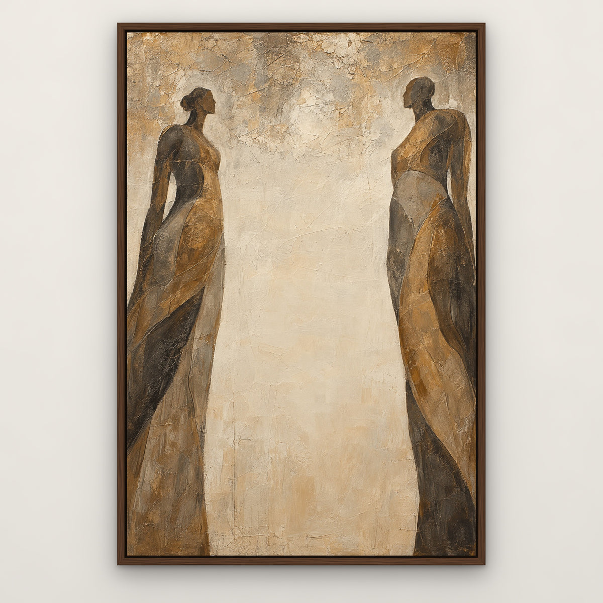 Bronze Silhouettes, brown abstract hand-painted canvas wall art in a slim walnut float frame – Gallery 23