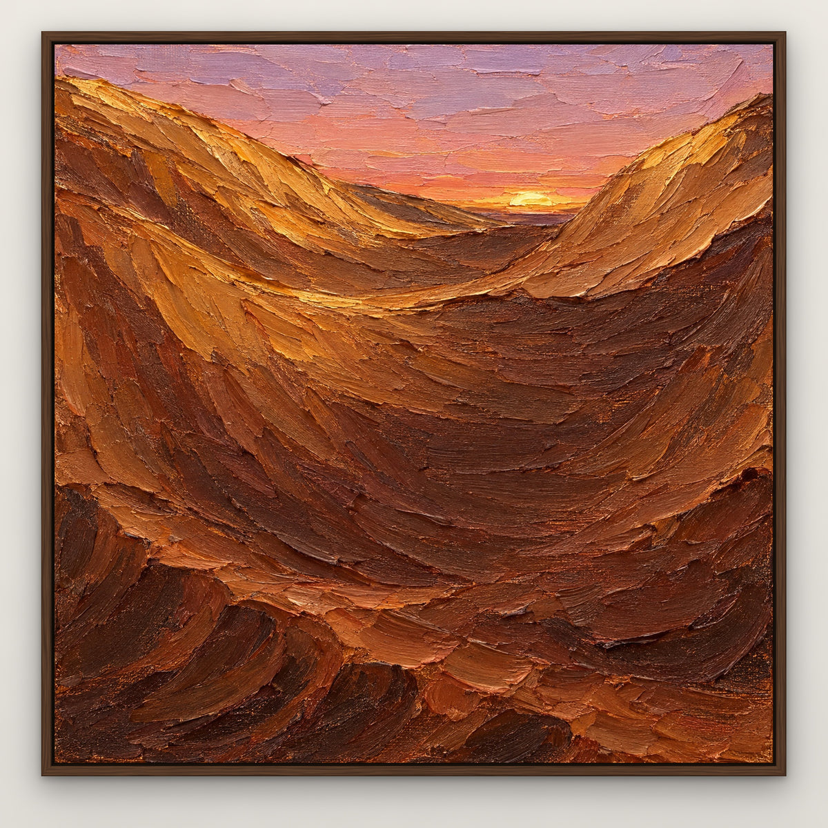 Golden Dune, blue mountain landscape hand-painted canvas wall art in a slim walnut float frame – Gallery 23