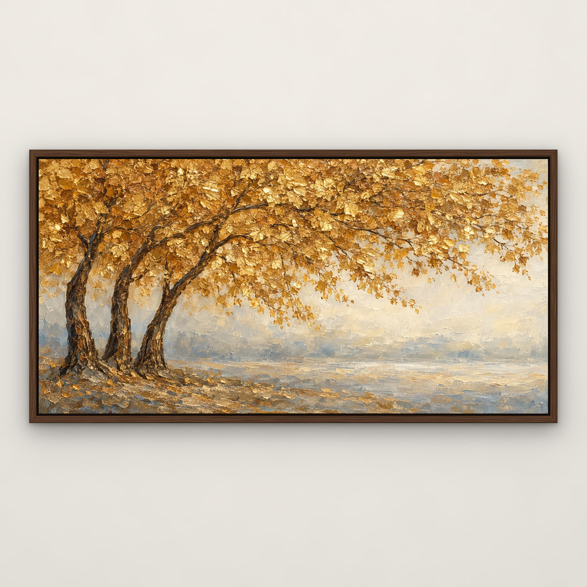 Gilded Canopy, gold landscape hand-painted canvas wall art in a slim walnut float frame – Gallery 23