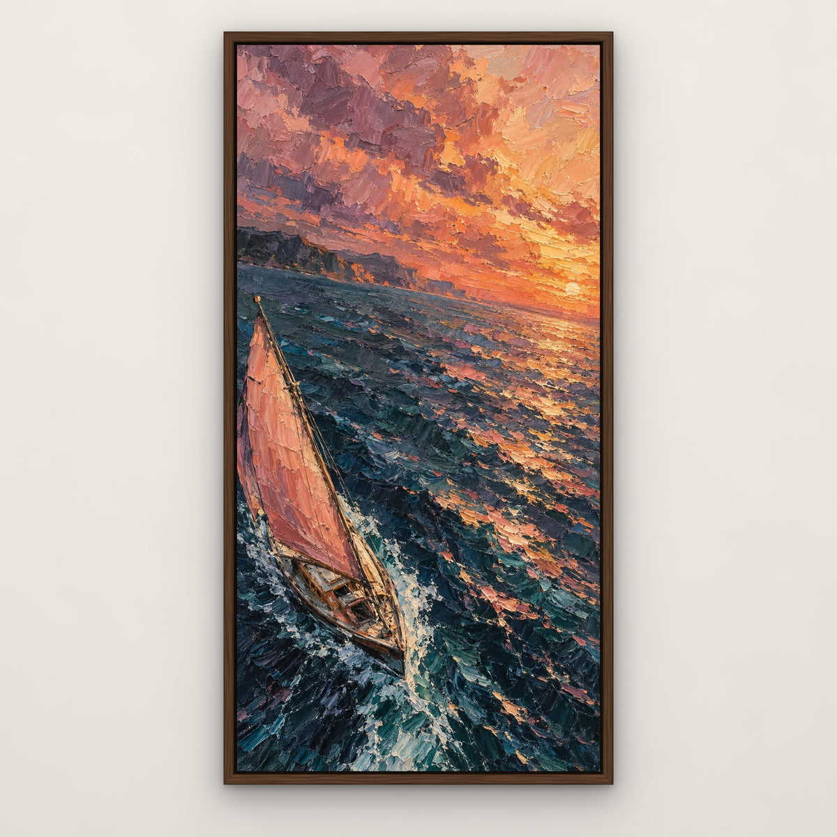 Rose Sail Voyage, blue seascape hand-painted canvas wall art in a slim walnut float frame – Gallery 23