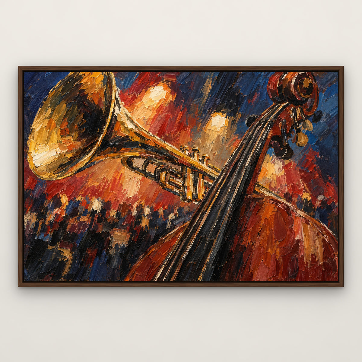 Bass and Brass, colourful figurative hand-painted canvas wall art in a slim walnut float frame – Gallery 23