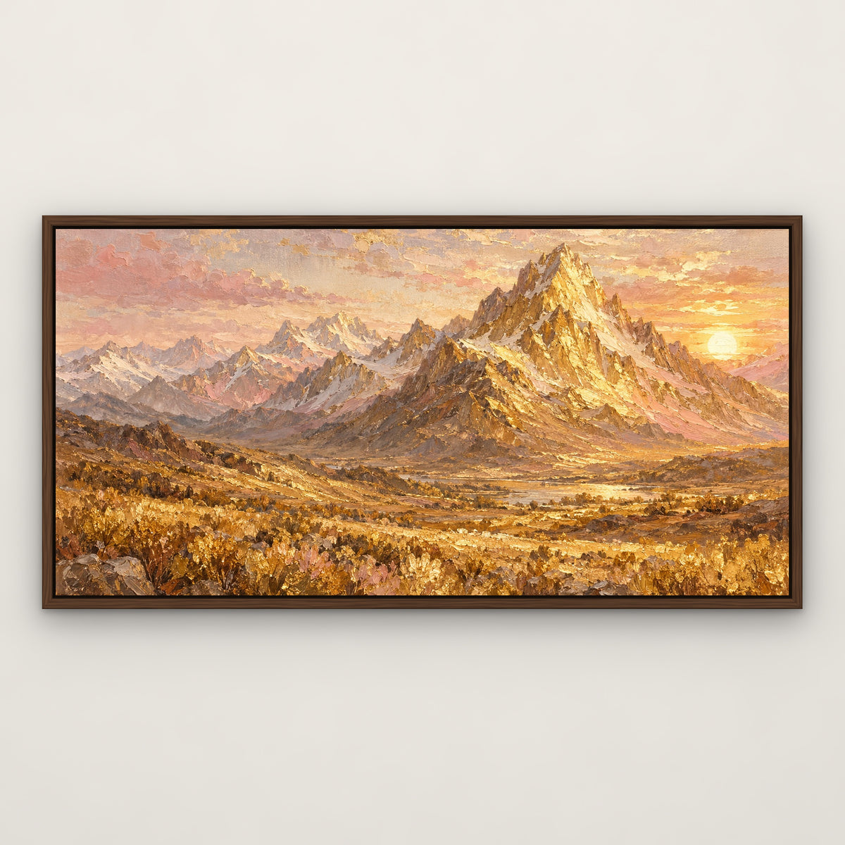 Golden Peaks, neutral mountain landscape hand-painted canvas wall art in a slim walnut float frame – Gallery 23