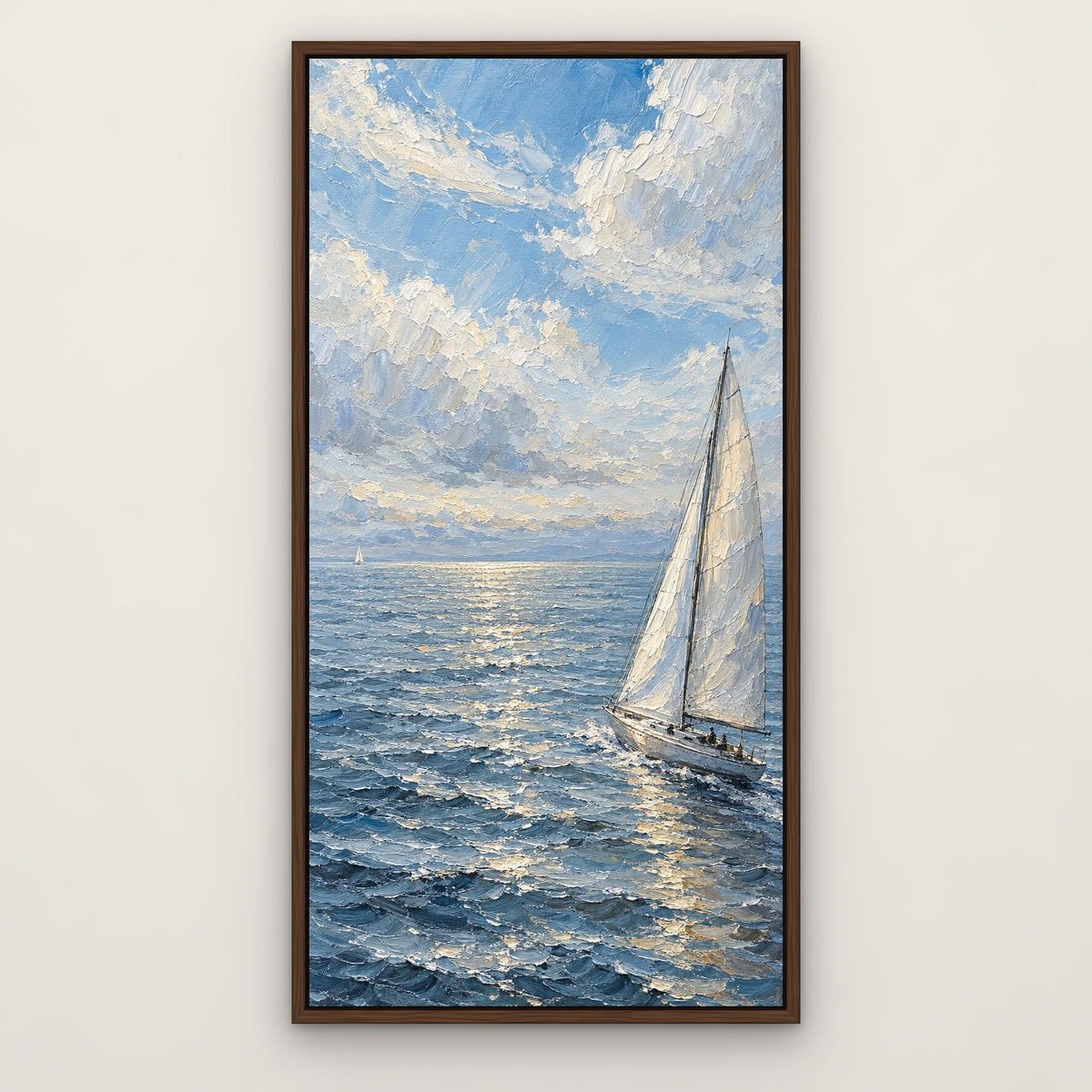 Silver Sail, blue seascape hand-painted canvas wall art in a slim walnut float frame – Gallery 23