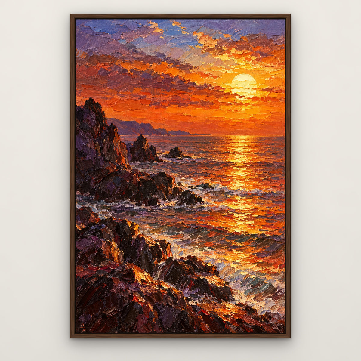 Blazing Horizon, orange seascape hand-painted canvas wall art in a slim walnut float frame – Gallery 23