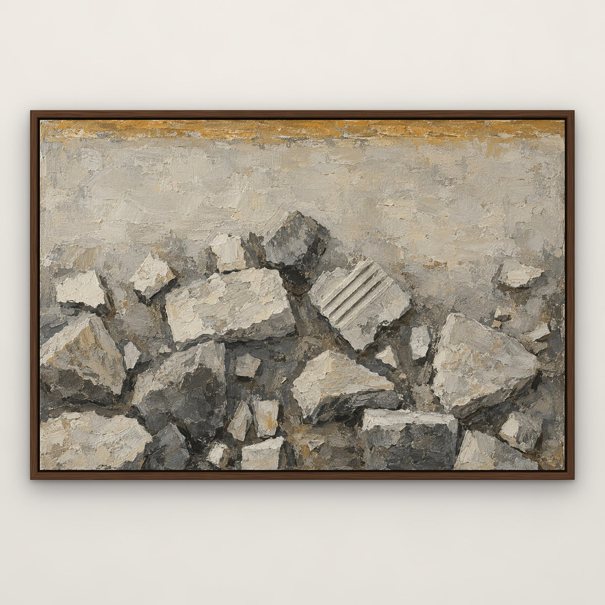 Stone Cubist Fragments, grey abstract hand-painted canvas wall art in a slim walnut float frame – Gallery 23