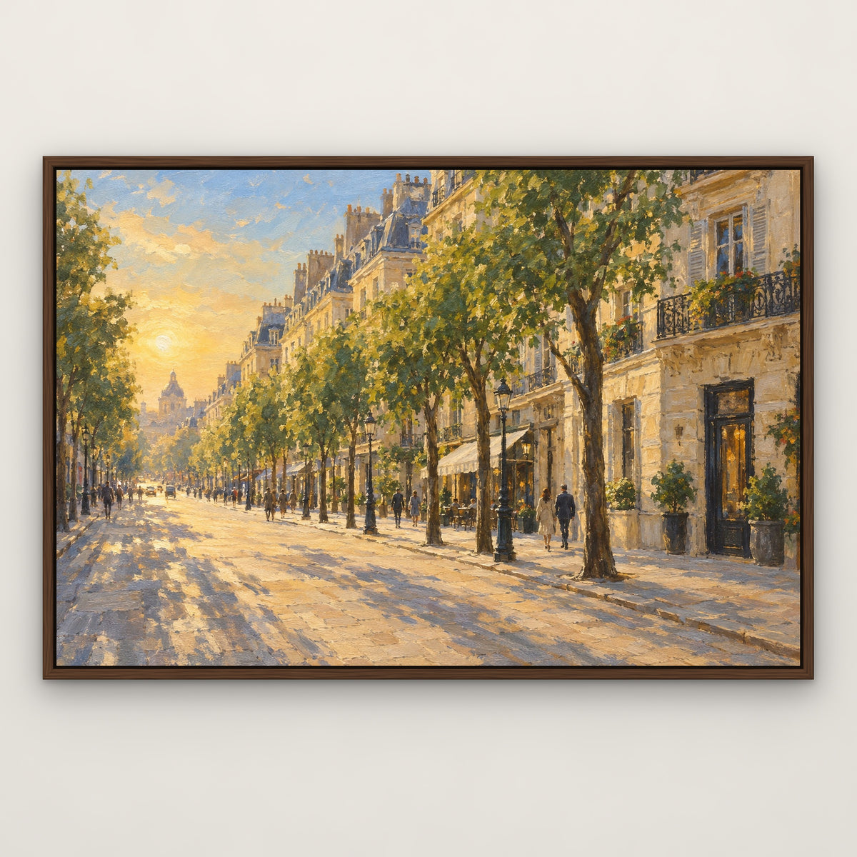 Glowing Paris Avenue, blue cityscape hand-painted canvas wall art in a slim walnut float frame – Gallery 23