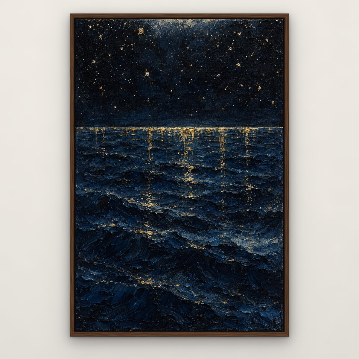 Navy Night Drip, blue abstract hand-painted canvas wall art in a slim walnut float frame – Gallery 23