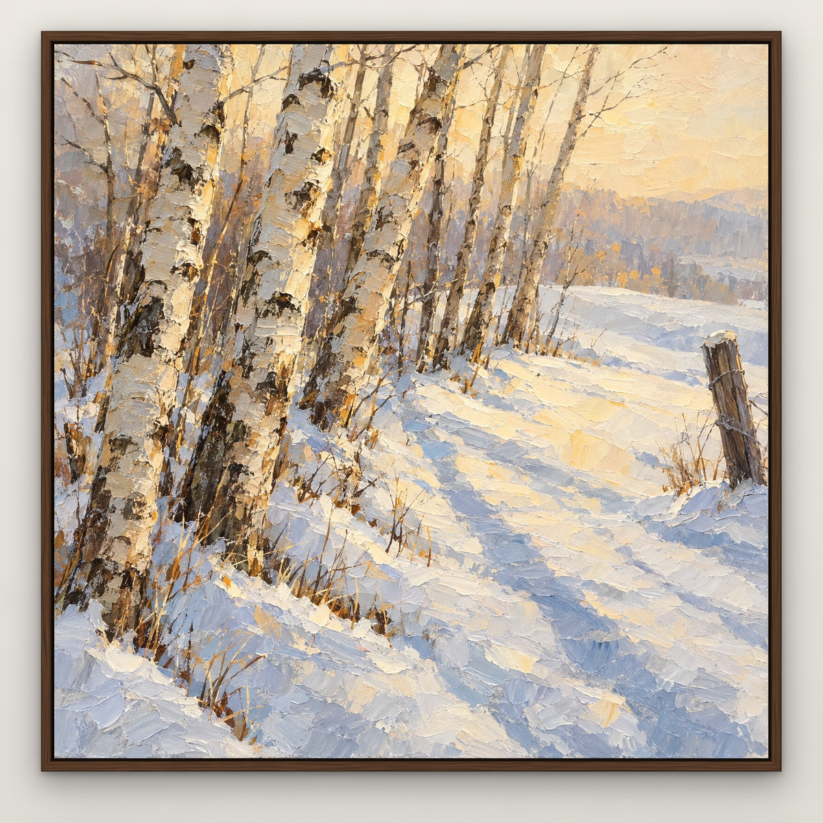 Winter Birch Forest, gold landscape hand-painted canvas wall art in a slim walnut float frame – Gallery 23