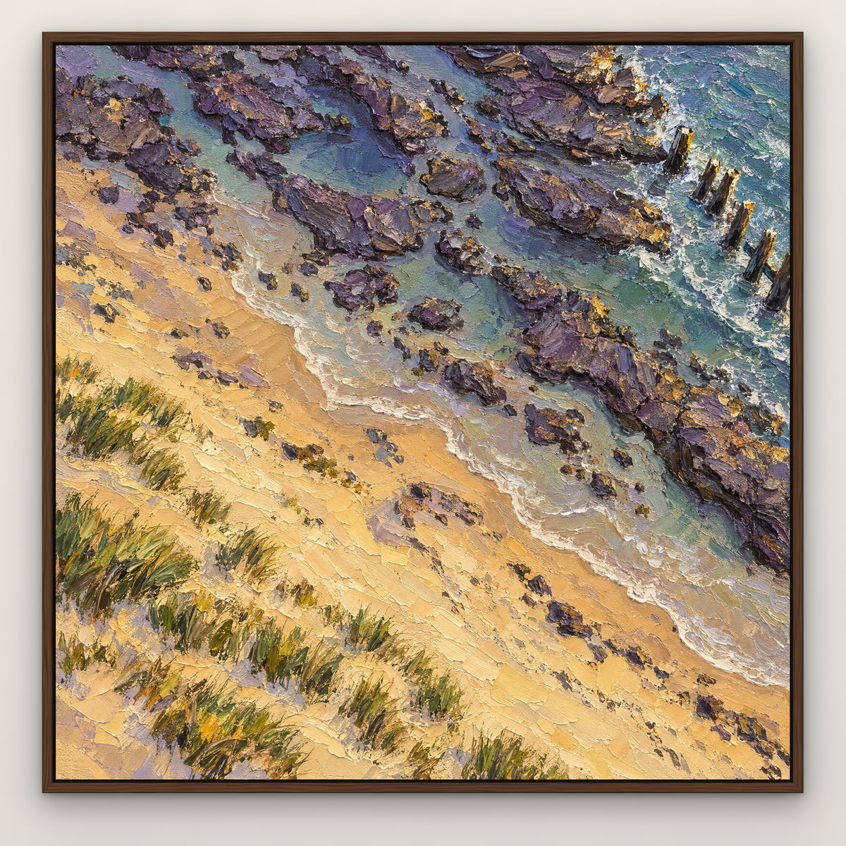 Lilac Gold Shoreline, yellow seascape hand-painted canvas wall art in a slim walnut float frame – Gallery 23