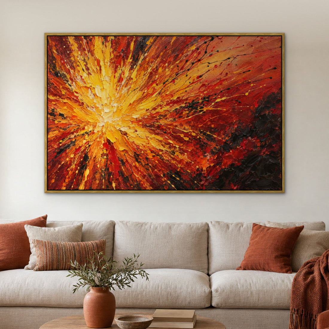 Firework Drip Storm, a bold red abstract canvas above a neutral sofa in a calm living room