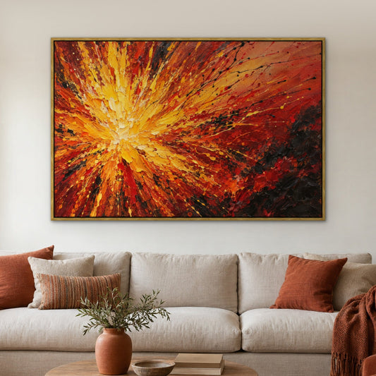 Firework Drip Storm, a bold red abstract canvas above a neutral sofa in a calm living room