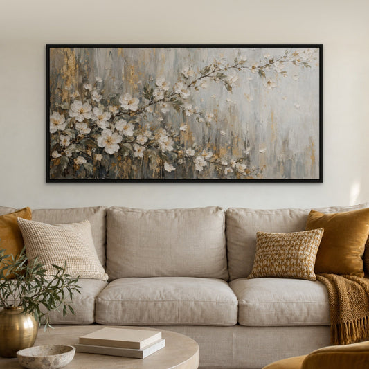 White Blossom Panorama hand-painted canvas hung above a sofa in a living room – Gallery 23