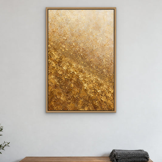 Golden Glitter Field hand-painted canvas hung as a large statement piece in a living room