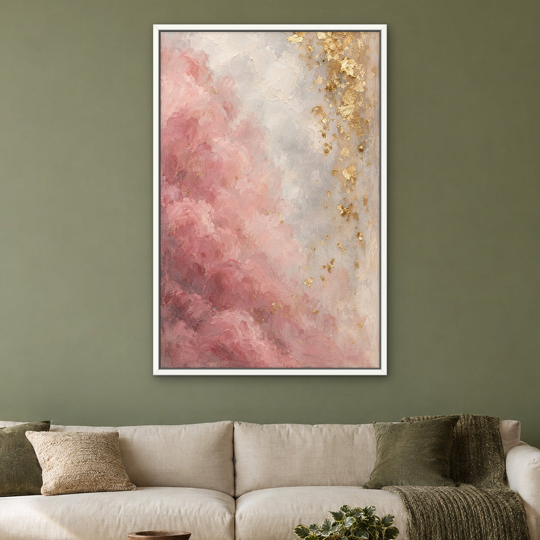 Gold Leaf Mist, a blush and gold hand-painted canvas above a cream sofa on a sage green wall
