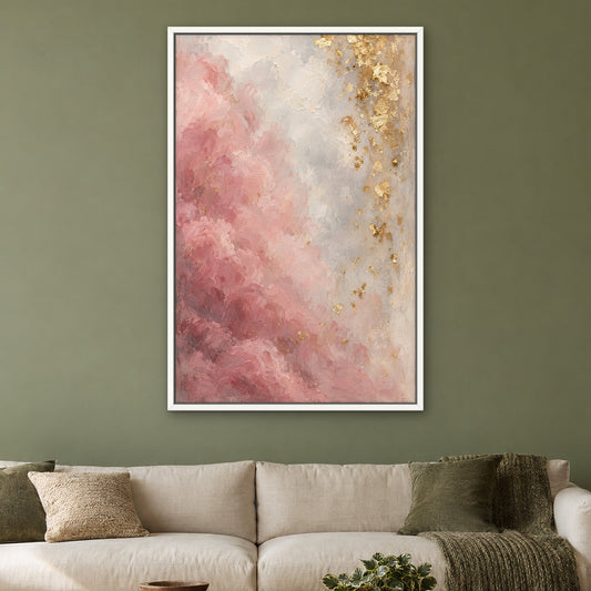 Gold Leaf Mist, a blush and gold hand-painted canvas above a cream sofa on a sage green wall