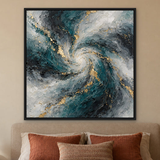 Storm in Pearl hand-painted canvas hung above a sofa in a living room