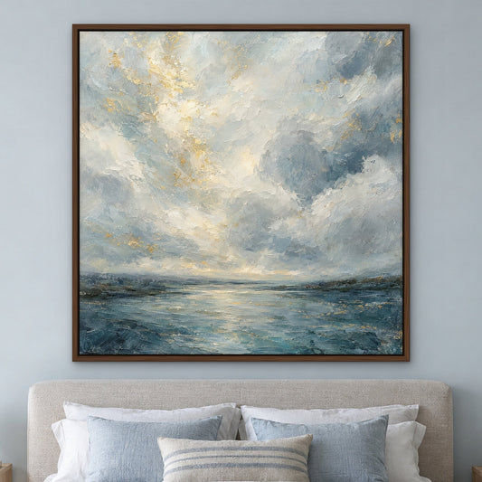 Cloud River hand-painted canvas hanging above a bed