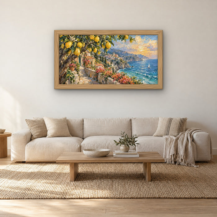 Amalfi Lemon Coast, hand-painted canvas shown in a room