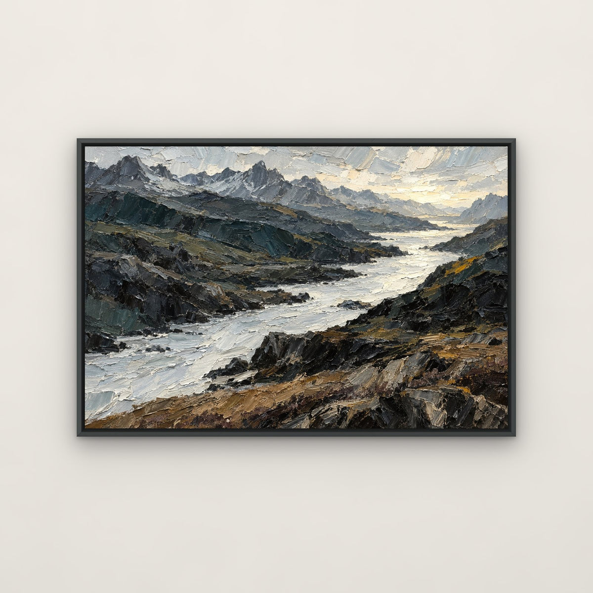 Knife-Cut Highlands hand-painted canvas in the dark grey floating frame – Gallery 23