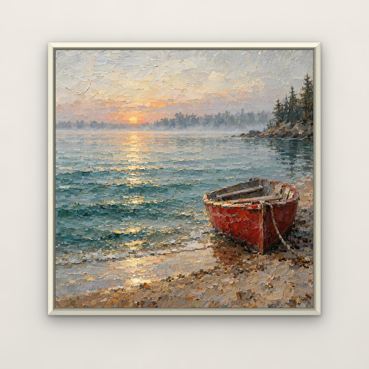 Little Red Rowboat hand-painted canvas in the white floating frame – Gallery 23