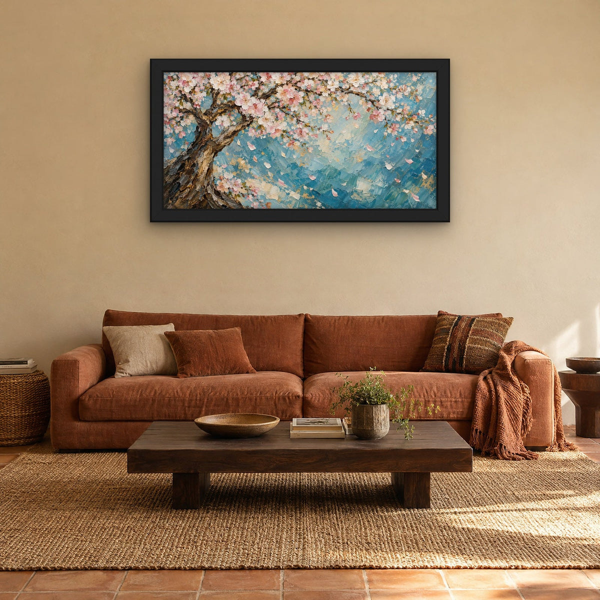 Cherry Blossom Shimmer, a hand-painted canvas by Gallery 23, above a terracotta sofa