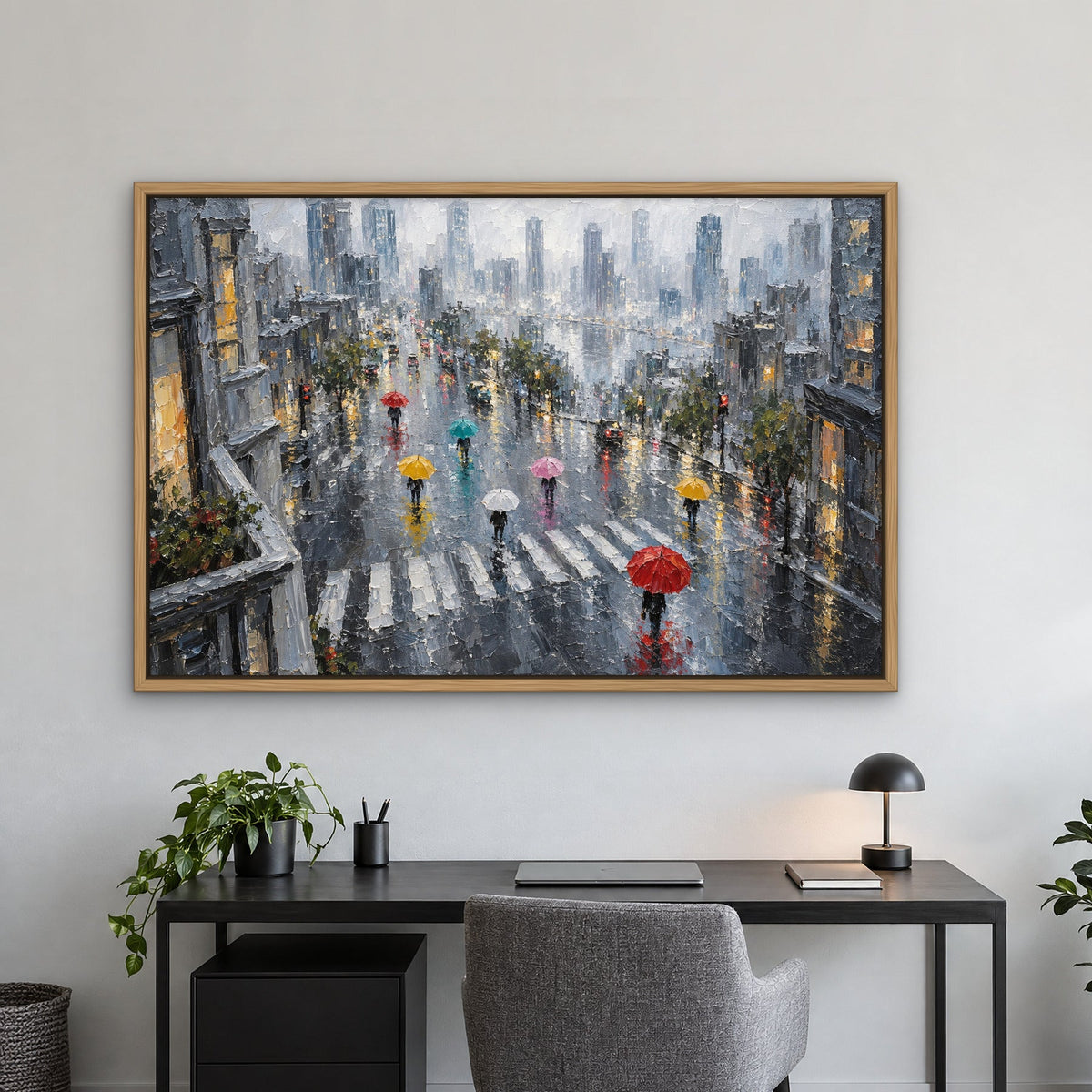 Umbrellas Before the Skyline canvas in a home office – Gallery 23