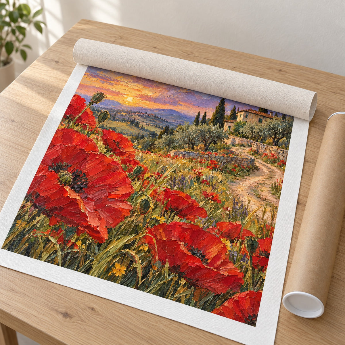Poppy Path Villa as a rolled canvas, half unrolled beside its postal tube – Gallery 23