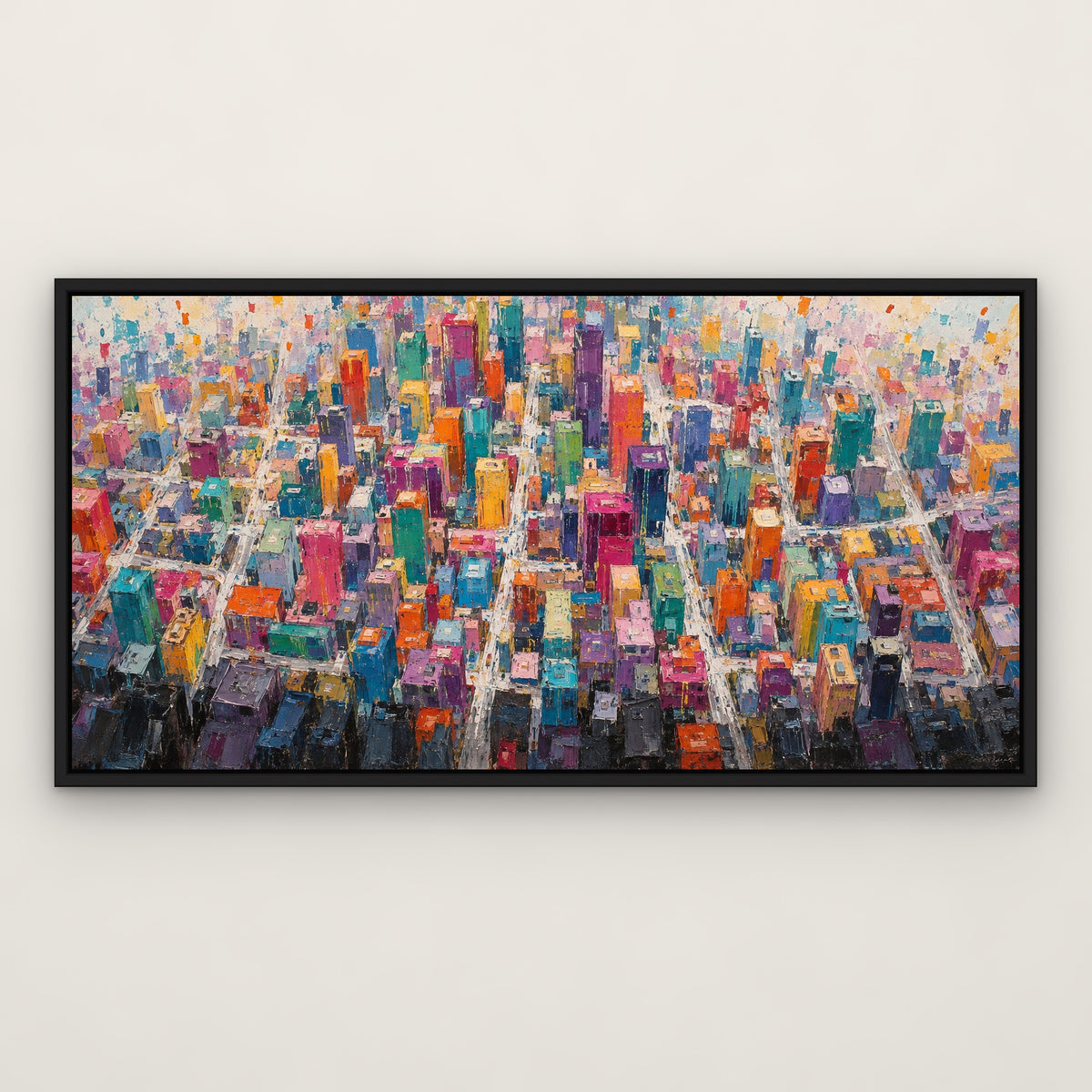 Rainbow Metropolis, colourful abstract hand-painted canvas wall art in a slim black float frame – Gallery 23