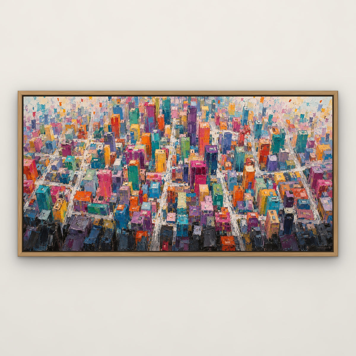 Rainbow Metropolis, colourful abstract hand-painted canvas wall art in a slim oak float frame – Gallery 23