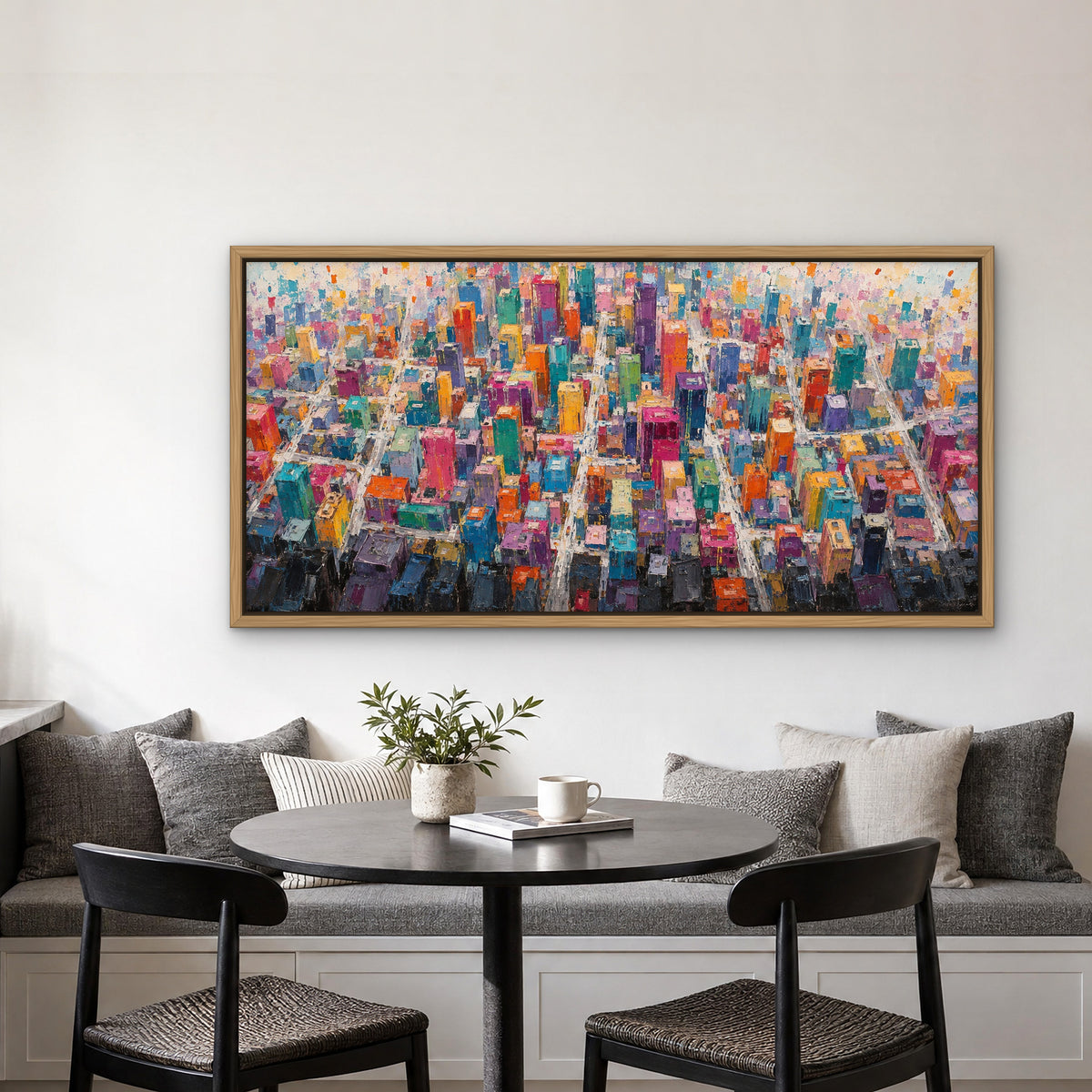 Rainbow Metropolis, colourful abstract hand-painted canvas wall art in a kitchen nook – Gallery 23