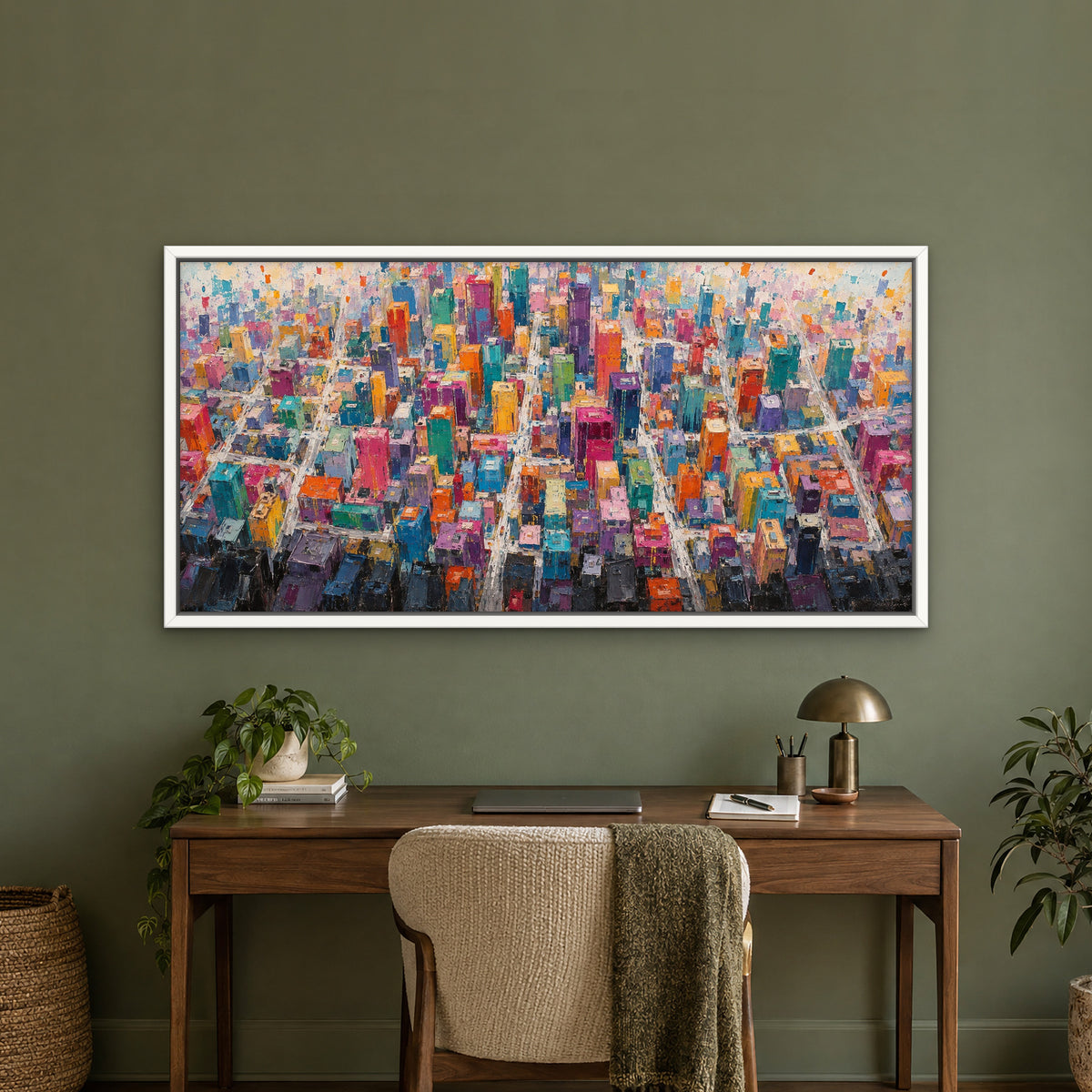 Rainbow Metropolis, colourful abstract hand-painted canvas wall art in a home office – Gallery 23