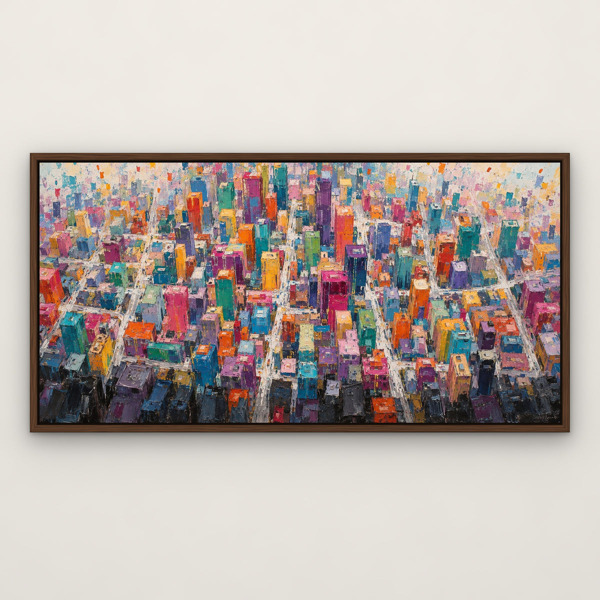 Rainbow Metropolis, colourful abstract hand-painted canvas wall art in a slim walnut float frame – Gallery 23
