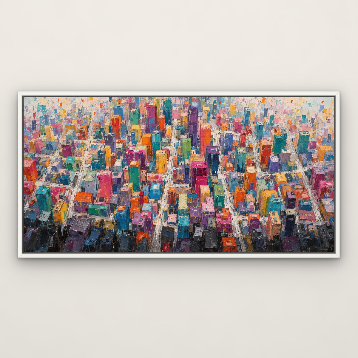 Rainbow Metropolis, colourful abstract hand-painted canvas wall art in a slim white float frame – Gallery 23