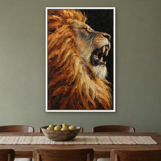 Lion in Profile, brown wildlife hand-painted canvas wall art in a dining room – Gallery 23