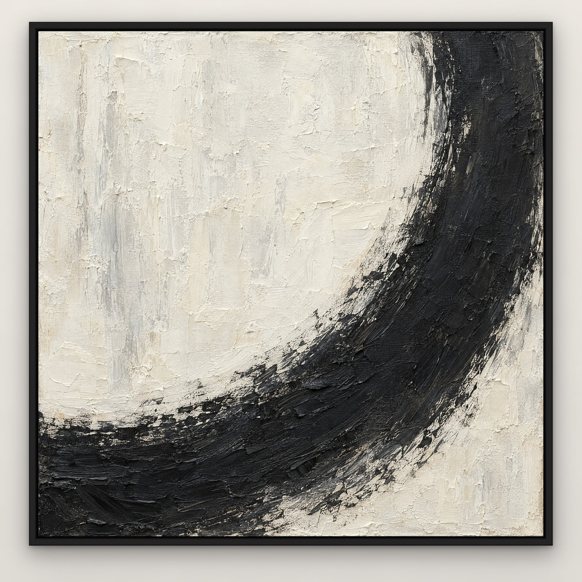 Charcoal Crescent, black and white abstract hand-painted canvas wall art in a slim black float frame – Gallery 23
