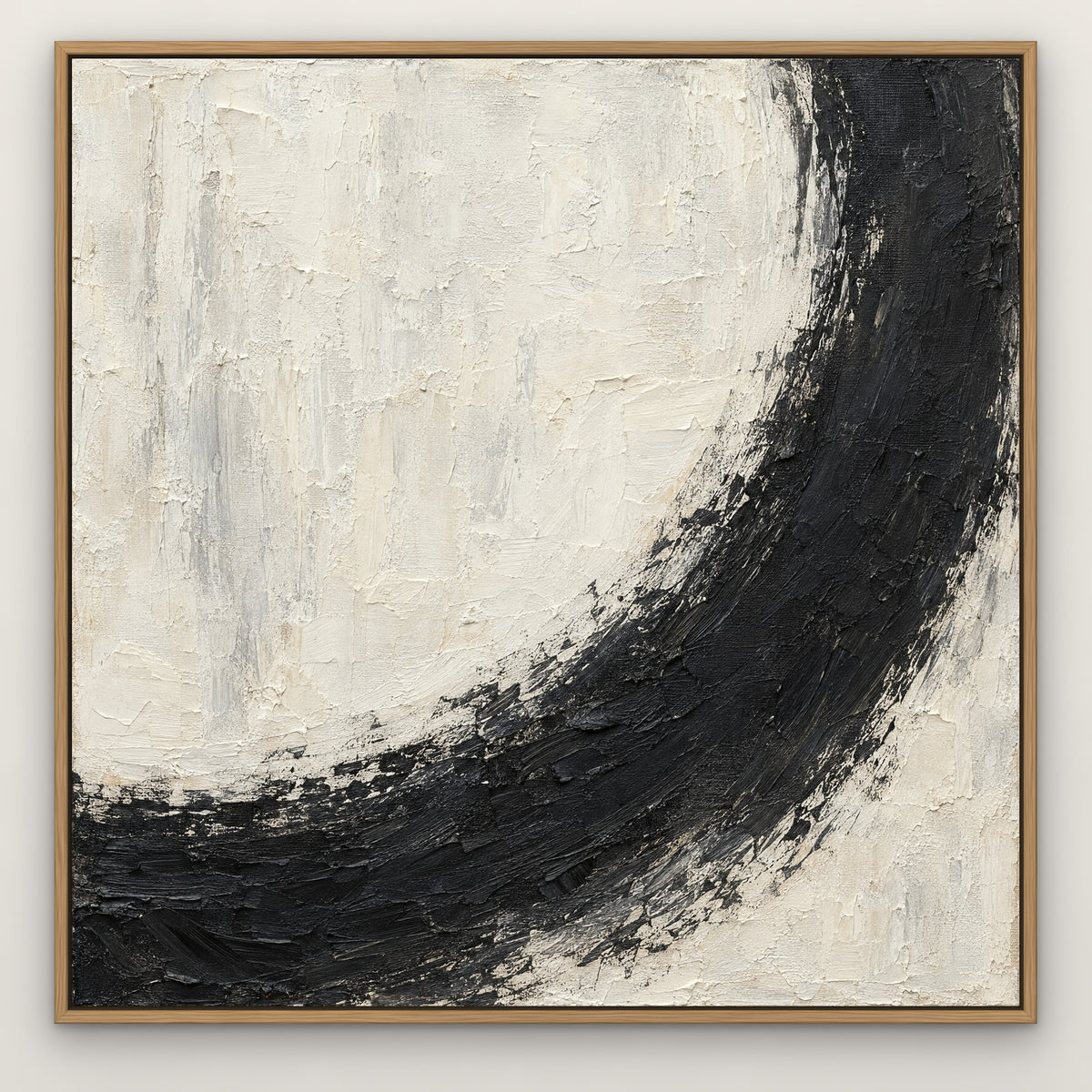 Charcoal Crescent, black and white abstract hand-painted canvas wall art in a slim oak float frame – Gallery 23
