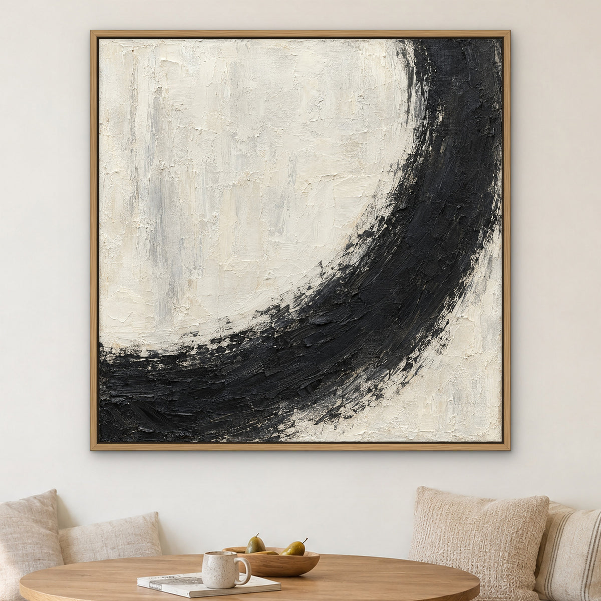 Charcoal Crescent, black and white abstract hand-painted canvas wall art in a kitchen nook – Gallery 23