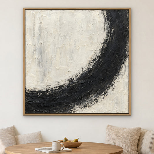 Charcoal Crescent, black and white abstract hand-painted canvas wall art in a kitchen nook – Gallery 23
