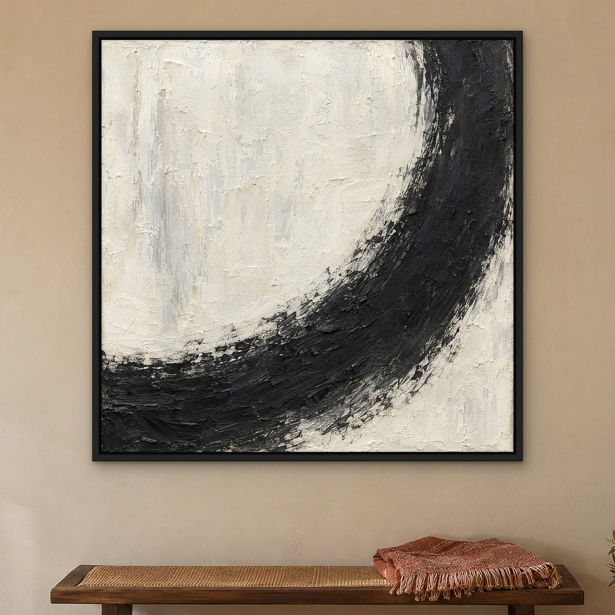 Charcoal Crescent, black and white abstract hand-painted canvas wall art in a bedroom – Gallery 23