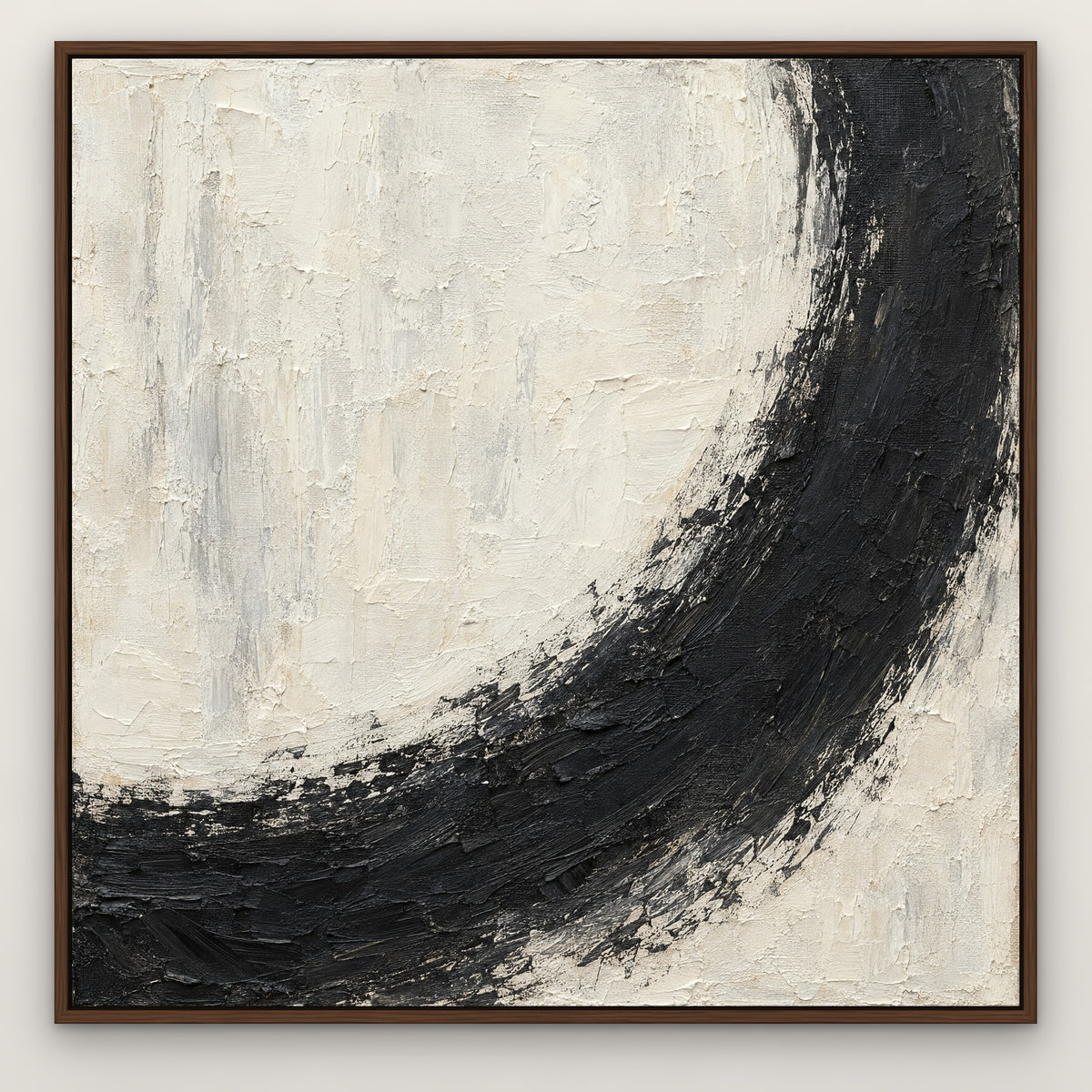 Charcoal Crescent, black and white abstract hand-painted canvas wall art in a slim walnut float frame – Gallery 23