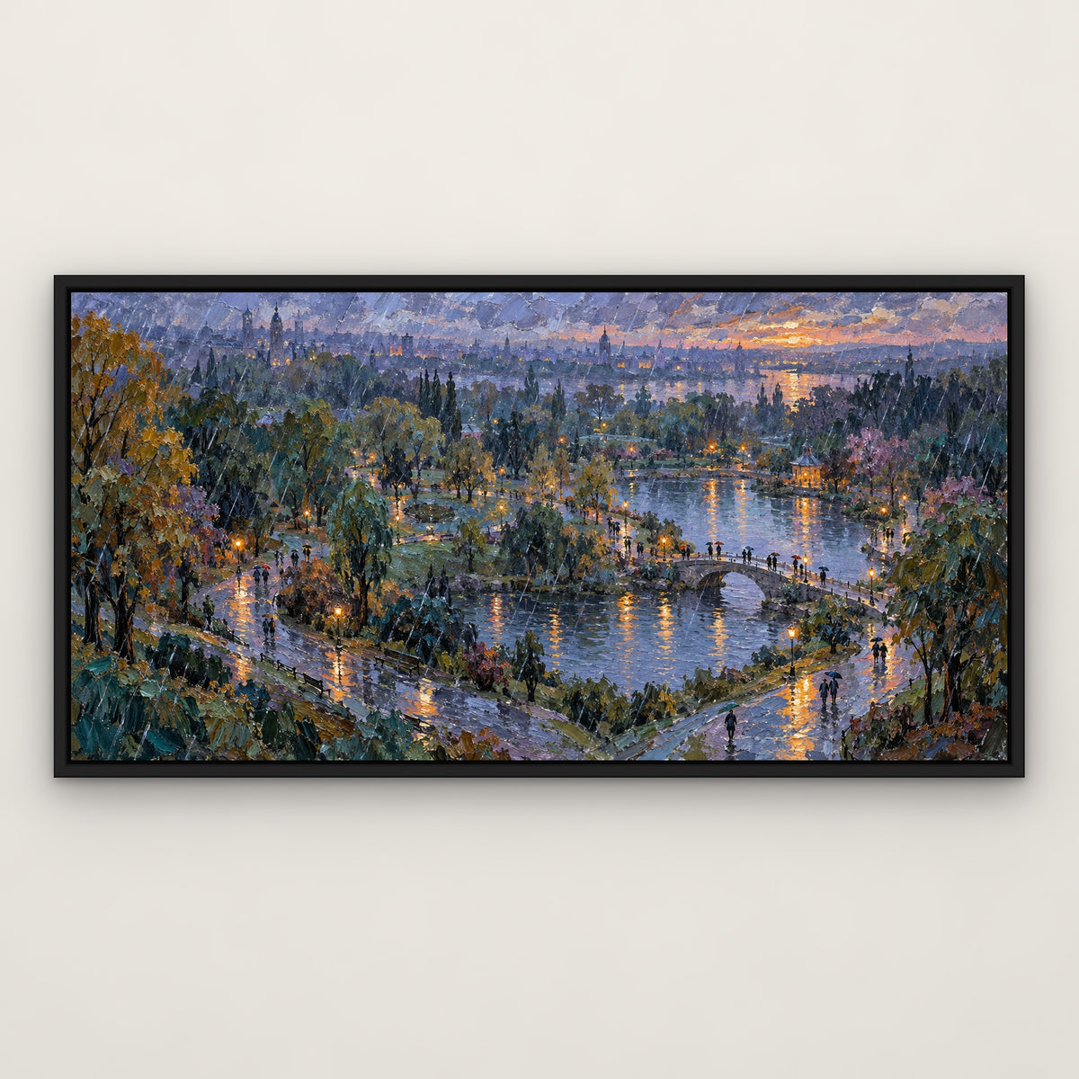 Blue Rain Park, colourful landscape hand-painted canvas wall art in a slim black float frame – Gallery 23