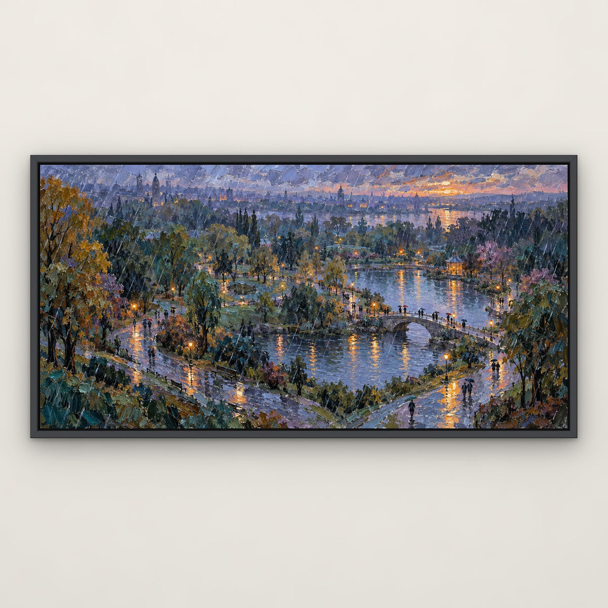 Blue Rain Park, colourful landscape hand-painted canvas wall art in a slim dark grey float frame – Gallery 23
