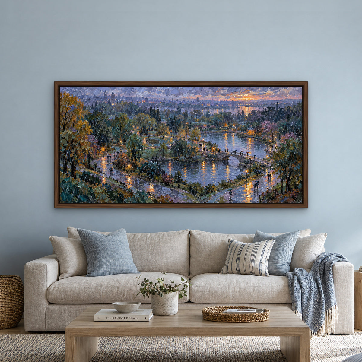 Blue Rain Park, colourful landscape hand-painted canvas wall art in a living room – Gallery 23