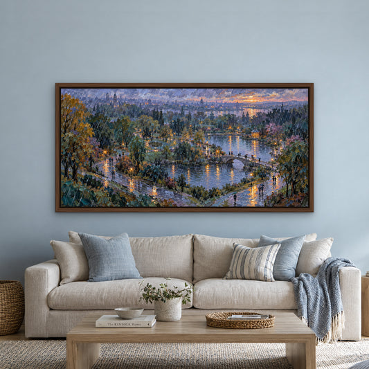 Blue Rain Park, colourful landscape hand-painted canvas wall art in a living room – Gallery 23