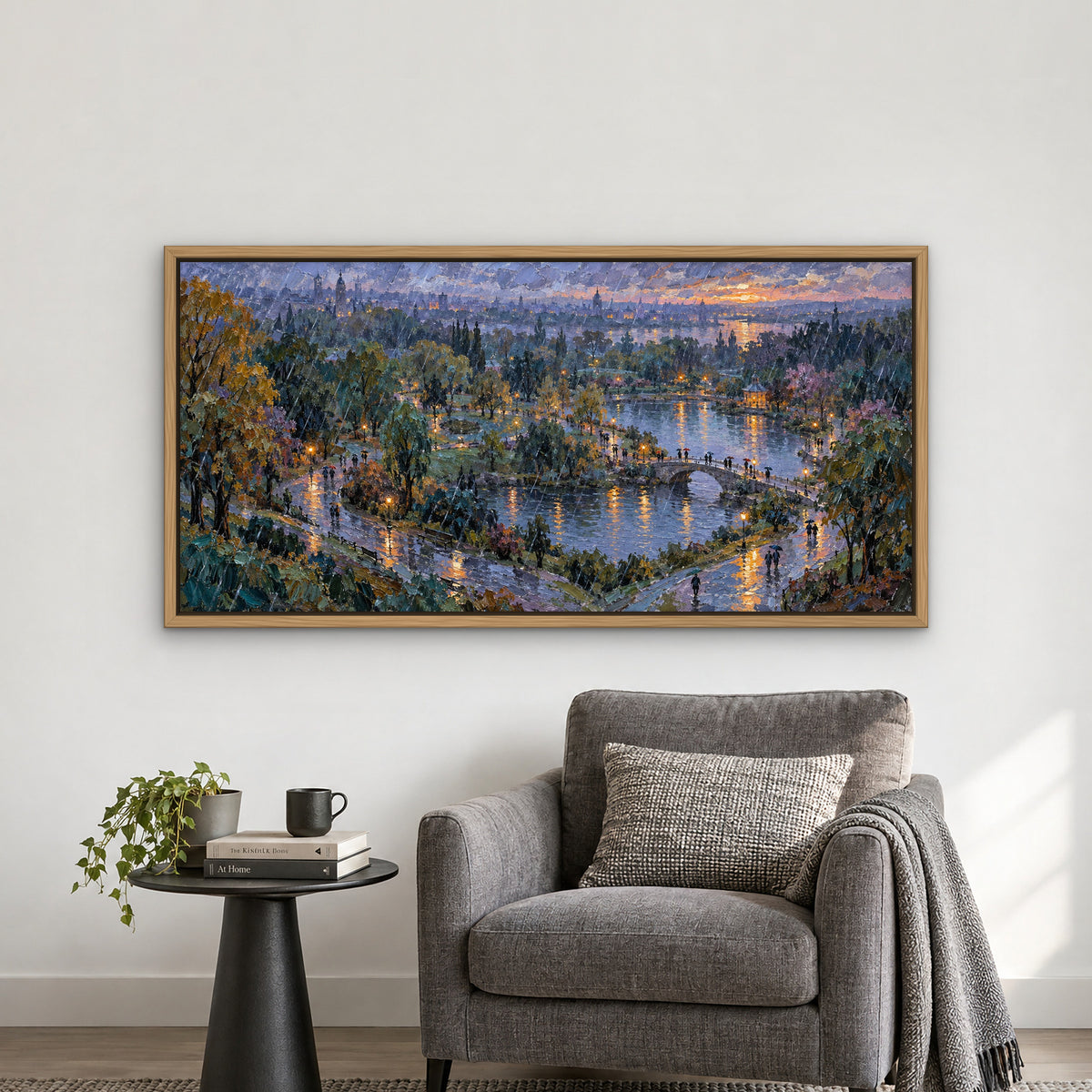 Blue Rain Park, colourful landscape hand-painted canvas wall art in a reading corner – Gallery 23
