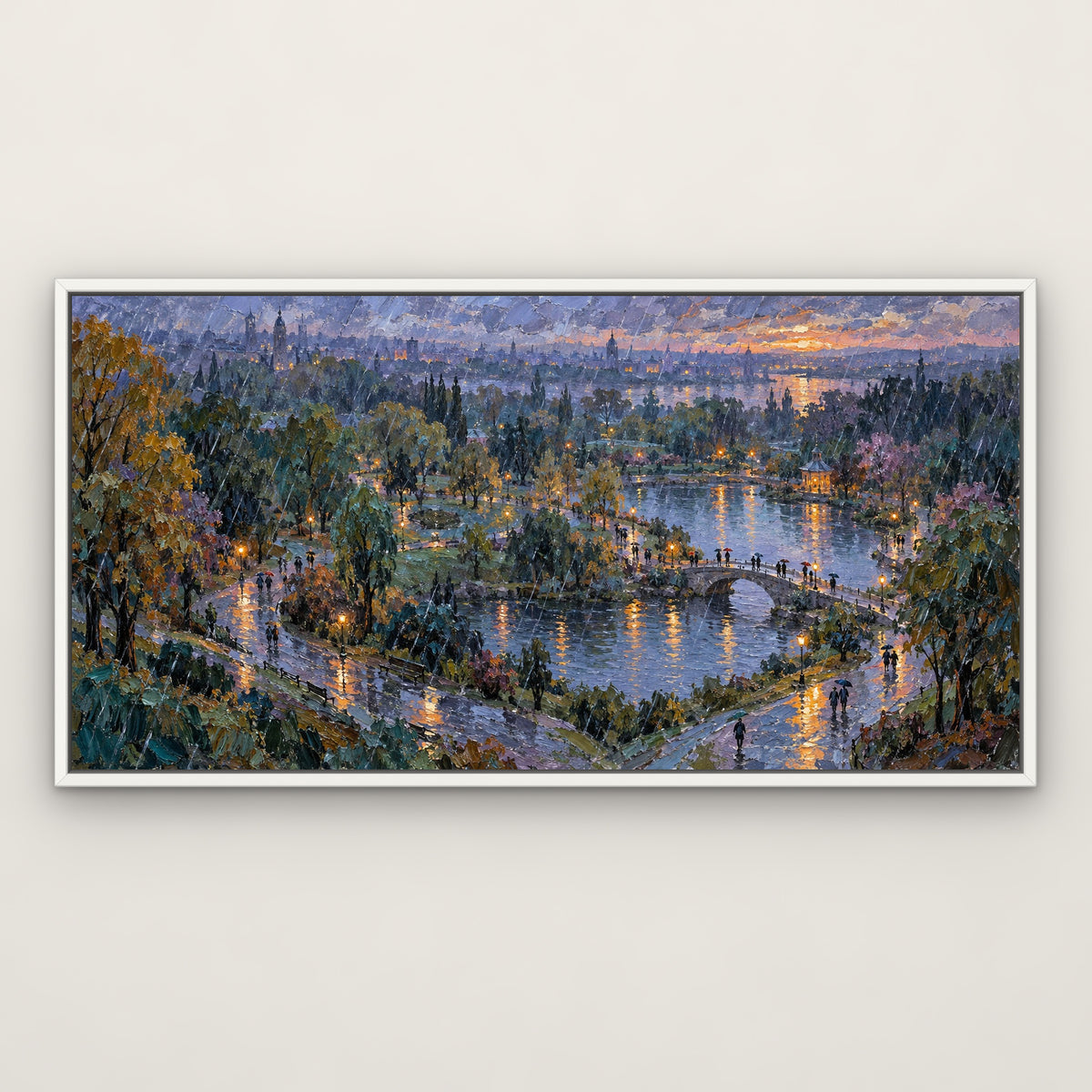 Blue Rain Park, colourful landscape hand-painted canvas wall art in a slim white float frame – Gallery 23