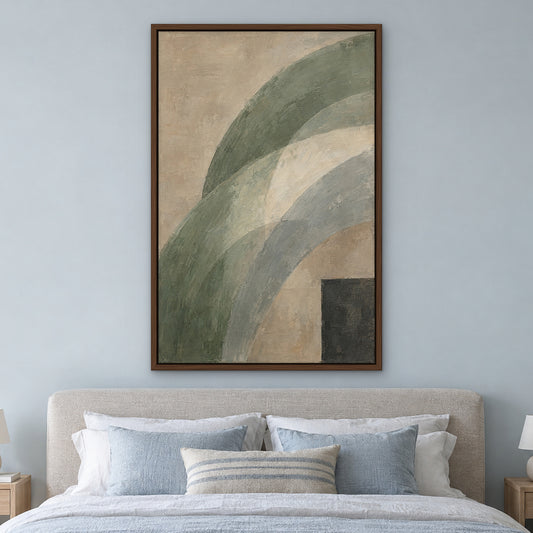 Sage Arcs, green abstract hand-painted canvas wall art in a bedroom – Gallery 23