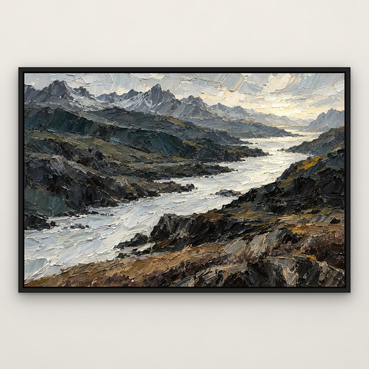 Knife-Cut Highlands, teal abstract hand-painted canvas wall art in a slim black float frame – Gallery 23